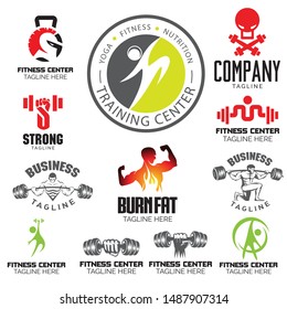 A high-energy collection of vector logo templates for the fitness and bodybuilding industry. This set features various aggressive and modern designs, including muscular silhouettes with flame effects, Spartan helmets with kettlebells, skull and crossbones with dumbbells, and minimalist icons for yoga or nutrition centers. Perfect for gyms, personal trainers, supplement brands, fitness apps, and athletic apparel.