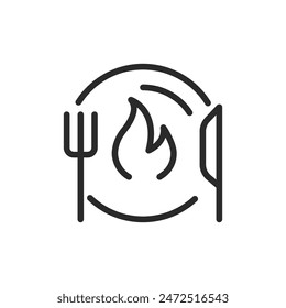 High-energy food, linear style icon. Fork, knife, plate with fire. energy-boosting nutrition. Editable stroke width