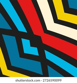 Um abstrato geométrico de alta energia com chevrons angulares arrojados e linhas diagonais marcantes em uma paleta de cores vibrante e retro-moderna.