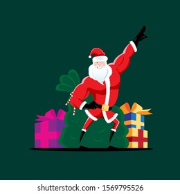 A high-energy and modern vector illustration featuring a "Funky Santa." The design showcases a muscular, fit Santa Claus in his classic red suit, striking a confident dance pose with one arm pointing up. Surrounded by a large green sack of toys and colorful wrapped gift boxes, this playful character is set against a dark forest green background. It is perfect for festive party invitations, holiday fitness promotions, youth-oriented Christmas branding, and humorous seasonal apparel.