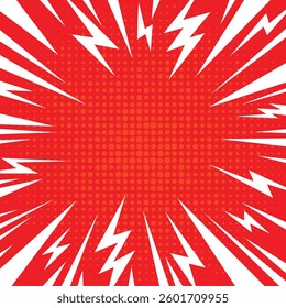 High-energy pop art comic background with lightning explosion. Red and white comic blast background vector. Exploding comic starburst turquoise red vector explosion. Abstract sun light rays vector