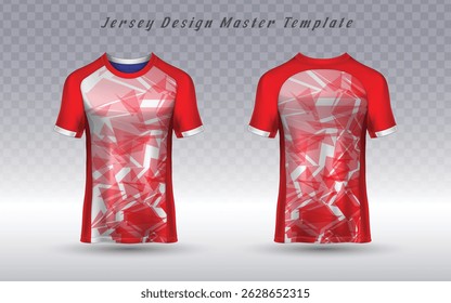 Camisola de esportes vermelhos de alta energia com um impressionante painel branco central apresentando padrões geométricos de 'vidro estilhaçado', criando uma estética ousada e moderna. Perfeito para equipes de futebol e futebol, esportes