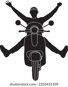 High-Energy Scooter Rider Silhouette Vector of Man Waving and Spreading Legs, Energetic Silhouette Man on Scooter Waving Hand and Spreading Legs, Thrilling Scooter Ride, Scooter Adventure