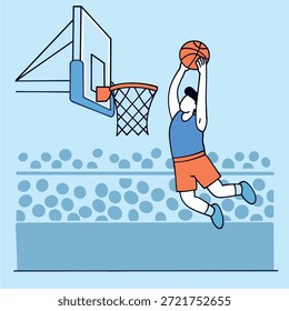Hochenergetische Vektorgrafik mit einem Basketballsportler, der hoch für einen Slam Dunk springt. Detaillierte Muskelanatomie und fließende Linien stellen Bewegung und Geschwindigkeit dar. Perfekt für Sport-Branding, Turnierplakate, Fitness-Motivation und athletisches Bekleidungsdesign.