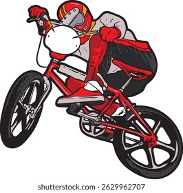 High-energy vector illustration of a BMX rider in mid-air during an extreme stunt, wearing a helmet and full gear. Suitable for sports themes, action posters, and youth apparel designs.