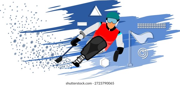 Hochenergetische Vektorgrafik eines Skifahrers in Bewegung, die Geschwindigkeit und Spannung auf einem lebendigen blauen Hintergrund zum Ausdruck bringt, ideal für Webdesign, Vorlagen, Banner, Poster und Grußkarten.