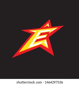 A high-energy vector logo featuring a stylized letter E integrated into a dynamic, slanted five-pointed star. The design uses a bold yellow and white palette with a thick red outline against a dark background, creating a 3D effect. This aggressive and sporty emblem is perfect for esports teams, athletic brands, energy drinks, gaming channels, and fast-paced startups.