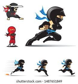 A high-energy vector mascot set featuring a ninja character as an express courier. The design showcases various dynamic poses, including the ninja running at high speed while carrying a delivery box with blue scarf accents. This collection is perfect for logistics companies, food delivery apps, fast shipping services, courier startups, and gaming-themed brand identities.