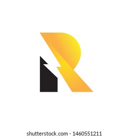A high-energy vector monogram featuring the letter R integrated with a sharp lightning bolt in negative space. The design uses a vibrant yellow-to-orange gradient paired with a solid black element, symbolizing speed, electricity, and innovation. This dynamic emblem is perfect for electrical companies, renewable energy startups, high-performance sports brands, automotive tuning shops, and fast-paced tech businesses.