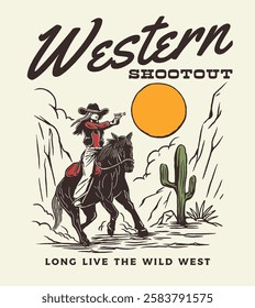 A high-energy western illustration depicting a cowboy in a dramatic shootout scene, set against a rustic desert landscape. Perfect for western-themed branding and storytelling.