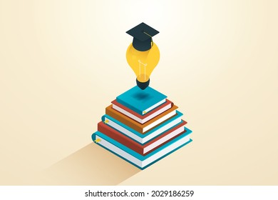 Educación superior o académicos para ayudar a crear ideas de negocios con una lámpara para poner un sombrero académico y una pila de libros. Ilustración vectorial.
