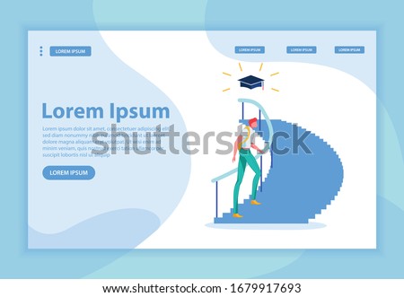 Higher Education Certificate as Goal Worth Striving. Young Man in Bottom Steps, Starting His Way Up to Academic Cap as Symbol College Graduation. Flat Vector Landing Page. Banner with Copy Space.