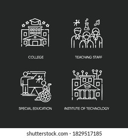 Higher education chalk white icons set on black background. Institute of technology, college. Professional teaching staff and special learning conditions. Isolated vector chalkboard illustrations