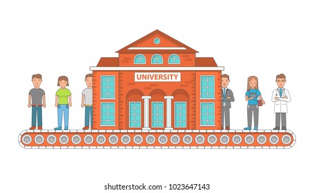 Higher education concept vector illustration, flat linear style design. Young people entering university graduate from it and get a good job. University conveyor belt concept.