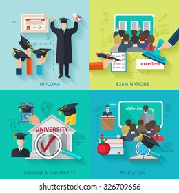 Higher Education Design Concept Set With Flat Diploma And Examination Icons Isolated Vector Illustration