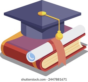 Higher education diploma, graduation cap and book. Poster or postcard design project. Vector illustration