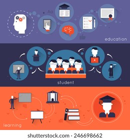 Higher education flat banner set with student learning isolated vector illustration