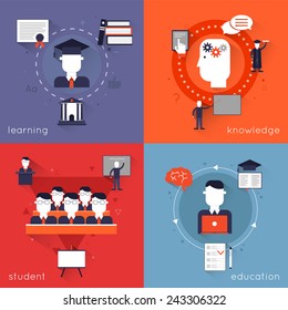 Higher Education Flat Icons Set With Learning Knowledge Student Isolated Vector Illustration