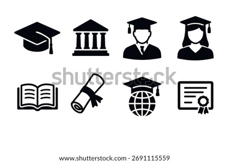 Higher education and graduation icon set. Vector black symbols of university and academic achievement
