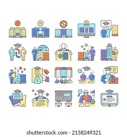 Higher Education And Graduation Icons Set Vector. Two And Four Year Higher Education In College And University, Private Profit Institution And International Admission Line. Color Illustrations