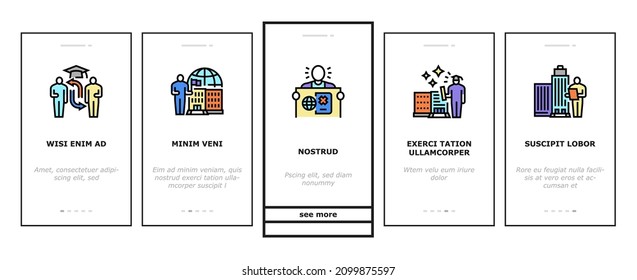 Higher Education And Graduation Onboarding Mobile App Page Screen Vector. Two Four Year Higher Education In College And University, Private Profit Institution And International Admission Illustrations