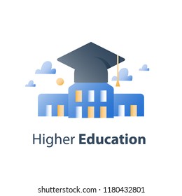 Higher education, high school, business training course, graduation hat and university building, scholarship concept, academy study, vector icon, flat illustration