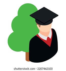 Higher Education Icon Isometric Vector. Graduate Guy In Graduation Cap Near Tree. Education Concept, Graduation