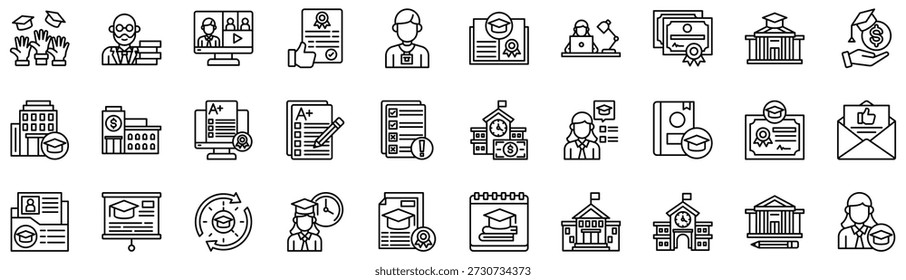 Higher Education icons collection. Vector illustration. Congratulation, Dean, Webinar, Accredited, Internship, Master, Work from home, University degree, College. Pro Vector	