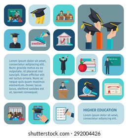 Higher Education Icons Flat Set With Examination And Learning Symbols Isolated Vector Illustration