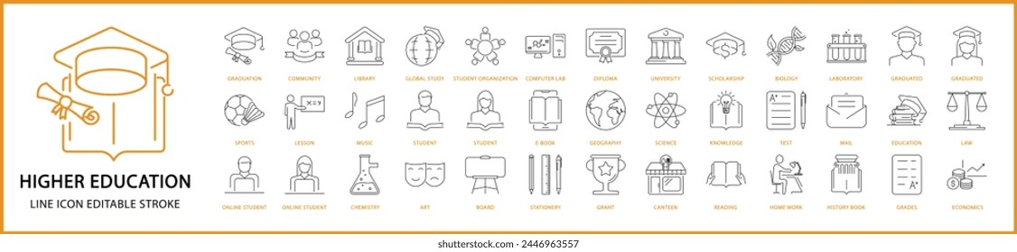 Higher Education icons. Higher Education Icon Set. Higher Education Line Icons. Vector Illustration Editable Stroke.