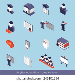 Higher education isometric icons set with book student teacher symbols isolated vector illustration