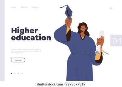 Higher education landing page design template. Cartoon cheerful alumnus female character wearing mantle holding diploma waving academic hat vector illustration. Online service for getting knowledge