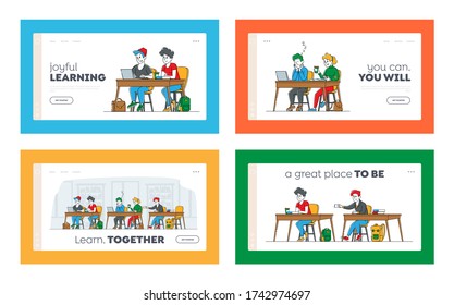 Higher Education Landing Page Template Set. Students Sitting at Desks Visit Lecture in University. Characters Learning, Communicate, Sleep on Seminar, People Gain Knowledge. Linear Vector Illustration