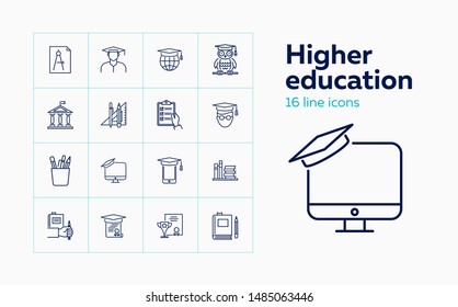 Higher education line icon set. Owl, graduation cap, diploma. Studying concept. Can be used for topics like college, honor degree, learning