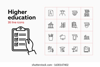 Higher education line icon set. Owl, graduation cap, diploma. Studying concept. Can be used for topics like college, honor degree, learning