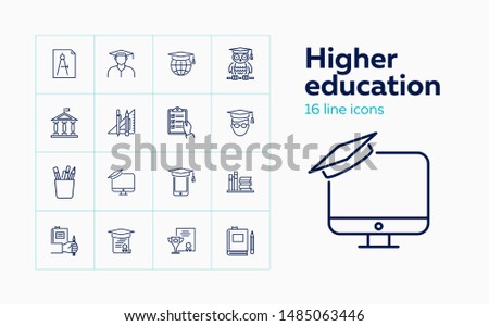 Higher education line icon set. Owl, graduation cap, diploma. Studying concept. Can be used for topics like college, honor degree, learning