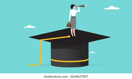 oportunidade de ensino superior, veja a oportunidade de negócios com o ensino superior, mulher de pé no teto de graduação à procura de oportunidades de negócios usando binóculos