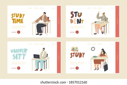 Higher Education, People Gain Knowledge Landing Page Template Set. Students Sit at Desks Visit Lecture in University. Characters Learning, Communicating, Boring on Seminar. Linear Vector Illustration