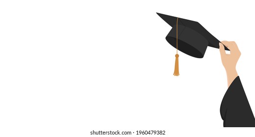 Higher Education Poster With Copy Space. Hand Hold Mortarboard. Vector Illustration.