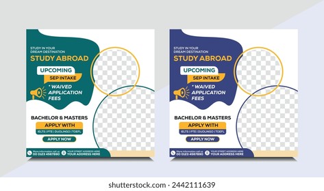 Higher education and promotional square flyer or collection collection pack geometric, study abroad web banner design set. Study abroad social media post banner design.