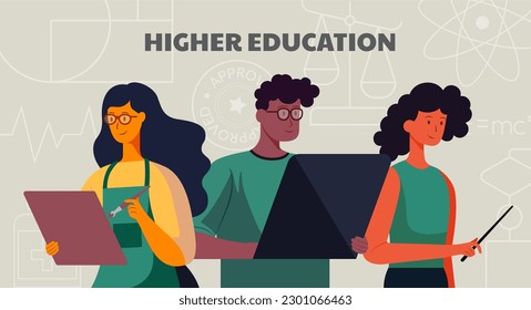 higher education set banner, student, faculty, science, education, artist, programmer, teacher, college, university, institute, teacher, teaching, tutoring, tutor, dark skin tone