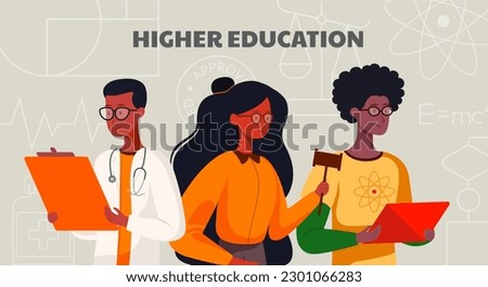 higher education set banner, student, faculty, science, education, doctor, lawyer, physicist, specialty, college, university, institute, teacher, teaching, tutoring, tutor, dark skin tone