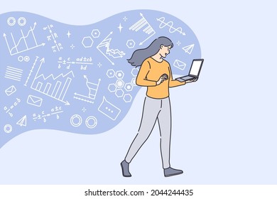 Higher Education And Studying Online Concept. Young Smiling Female Student Standing Learning Mathematics Online On Laptop Screen Vector Illustration 