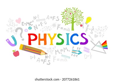 Higher education and studying online concept. Physics. Icons and formulas set. Spectrum. School test or lab. Spectrum, Magnetism, Mechanics. Science background Horizontal banner. Presentation, website