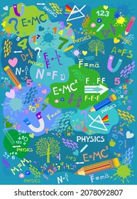 Higher education and studying online concept. Physics. Icons and formulas set. Spectrum. School test or lab. Hand drawn doodle symbols. Spectrum, Magnetism, Mechanics. Science background. Vector