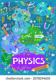 Higher education and studying online concept. Physics. Icons and formulas set. Spectrum. School test or lab. Hand drawn doodle symbols. Spectrum, Magnetism, Mechanics. Science background. Vector
