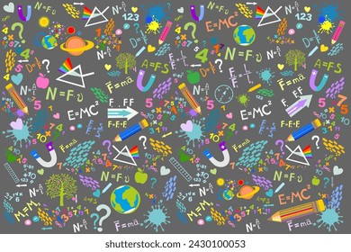 Higher education and studying online concept. Physics. Icons and formulas set. Spectrum. School test or lab. Hand drawn doodle symbols. Spectrum, Magnetism, Mechanics. Science background. Vector