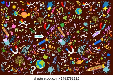 Higher education and studying online concept. Physics. Icons and formulas set. Spectrum. School test or lab. Hand drawn doodle symbols. Spectrum, Magnetism, Mechanics. Science background. Vector