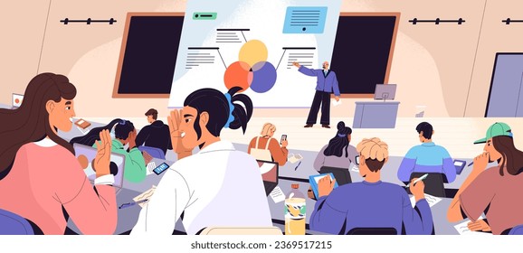 Higher education. Teacher, professor explain class. Academic, speaker, doctor presenting course to student audience in auditorium. People study in university classroom. Flat vector illustration