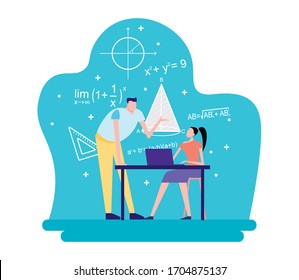 Higher Education in University or College. Cartoon vector flat illustration people learning mathematic with mathematic item and element